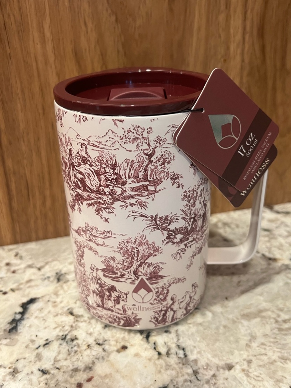 Wellness Burgundy Toile 17oz Travel Mug with Handle
